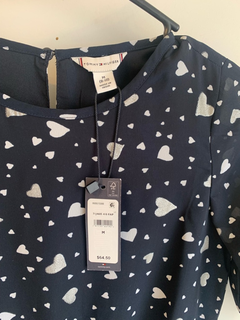 Tommy Hilfiger Heart Print Dress Navy Smocked Waist NWT Size M - Picture 4 of 4
